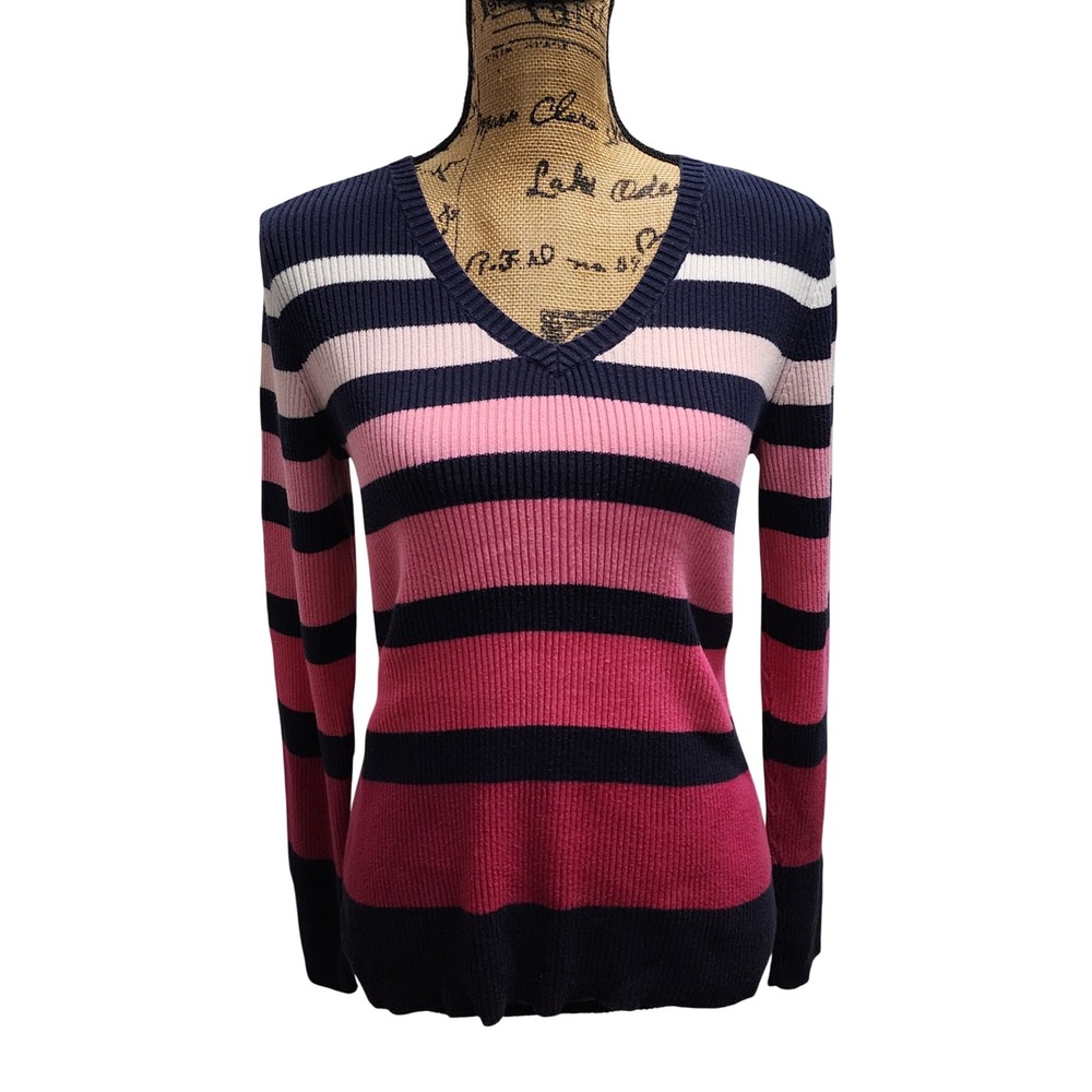 Liz & Co. Womens Medium V Neck Striped Knit Sweater Pink Blue Cotton Blend